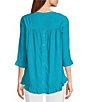 Color:Ocean - Image 2 - Petite Size Slub Woven Scoop Neck 3/4 Sleeve Ruffled Fitted Top