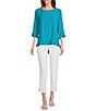 Color:Ocean - Image 3 - Petite Size Slub Woven Scoop Neck 3/4 Sleeve Ruffled Fitted Top