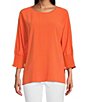 Color:Bright Melon - Image 1 - Petite Size Solid Crinkle Woven Scoop Neck Smocked 3/4 Dolman Sleeve Top