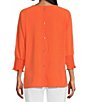 Color:Bright Melon - Image 2 - Petite Size Solid Crinkle Woven Scoop Neck Smocked 3/4 Dolman Sleeve Top