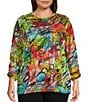 Color:Multi - Image 1 - Plus Size Abstract Print Slub Knit Scoop Neck 3/4 Bungee Sleeve 1-Pocket Top