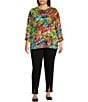 Color:Multi - Image 3 - Plus Size Abstract Print Slub Knit Scoop Neck 3/4 Bungee Sleeve 1-Pocket Top