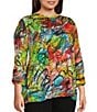 Color:Multi - Image 4 - Plus Size Abstract Print Slub Knit Scoop Neck 3/4 Bungee Sleeve 1-Pocket Top