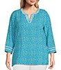 Color:Ocean - Image 1 - Plus Size Crinkle Printed Banded Split V-Neck 3/4 Sleeve Ric-Rac Trim Fitted Tunic