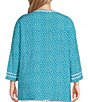 Color:Ocean - Image 2 - Plus Size Crinkle Printed Banded Split V-Neck 3/4 Sleeve Ric-Rac Trim Fitted Tunic