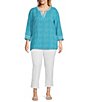 Color:Ocean - Image 3 - Plus Size Crinkle Printed Banded Split V-Neck 3/4 Sleeve Ric-Rac Trim Fitted Tunic