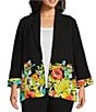 Color:Multi - Image 1 - Plus Size Floral Border Print Crinkle Woven Notch Lapel Collar Blazer Jacket
