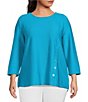 Color:Soft Turquoise - Image 1 - Plus Size Solid Textured Knit Scoop Neck 3/4 Sleeve Decorative Button Tab Top