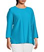 Color:Soft Turquoise - Image 3 - Plus Size Solid Textured Knit Scoop Neck 3/4 Sleeve Decorative Button Tab Top