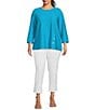 Color:Soft Turquoise - Image 4 - Plus Size Solid Textured Knit Scoop Neck 3/4 Sleeve Decorative Button Tab Top