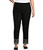 Color:Black - Image 1 - Plus Size Solid Twill Straight Leg Embroidered Hem Pull-On Ankle Pants