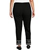 Color:Black - Image 2 - Plus Size Solid Twill Straight Leg Embroidered Hem Pull-On Ankle Pants