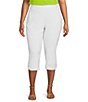 Color:White - Image 1 - Plus Size Stretch Twill Wide Waistband Side Button Curved Hem Straight Leg Pull-On Capri Pants