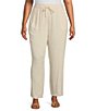 Color:Flax - Image 1 - Plus Size Textured Linen Blend Drawstring Waist Pull-On Pants