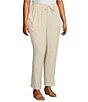 Color:Flax - Image 3 - Plus Size Textured Linen Blend Drawstring Waist Pull-On Pants