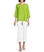 Color:Leaf - Image 3 - Slub Woven Scoop Neck 3/4 Sleeve Ruffled Fitted Top