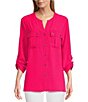 Color:Bright Pink - Image 1 - Solid Crinkle Woven Banded Collar Long Roll-Tab Sleeve Fitted Button-Front Shirt