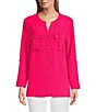 Color:Bright Pink - Image 3 - Solid Crinkle Woven Banded Collar Long Roll-Tab Sleeve Fitted Button-Front Shirt