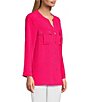 Color:Bright Pink - Image 4 - Solid Crinkle Woven Banded Collar Long Roll-Tab Sleeve Fitted Button-Front Shirt