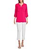 Color:Bright Pink - Image 6 - Solid Crinkle Woven Banded Collar Long Roll-Tab Sleeve Fitted Button-Front Shirt