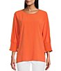 Color:Bright Melon - Image 1 - Solid Crinkle Woven Crew Neck Smocked 3/4 Dolman Sleeve Top