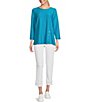Color:Soft Turquoise - Image 3 - Solid Textured Knit Scoop Neck 3/4 Sleeve Decorative Button Front Top