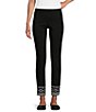 Color:Black - Image 1 - Solid Twill Straight Leg Embroidered Hem Pull-On Ankle Pant