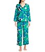 Color:Ocean Teal - Image 1 - N by Natori 3/4 Sleeve V-Neck Top & Pant Challis Abstract Print Pajama Set