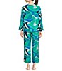 Color:Ocean Teal - Image 2 - N by Natori 3/4 Sleeve V-Neck Top & Pant Challis Abstract Print Pajama Set