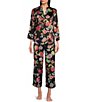 Color:Black Multi - Image 1 - N by Natori Dragon Floral Satin 3/4 Sleeve Split V-Neck Coordinating Pajama Set
