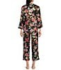 Color:Black Multi - Image 2 - N by Natori Dragon Floral Satin 3/4 Sleeve Split V-Neck Coordinating Pajama Set