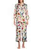 Color:Oatmeal Multi - Image 1 - N by Natori Dragon Floral Satin 3/4 Sleeve Split V-Neck Coordinating Pajama Set