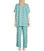 Color:Turquoise - Image 2 - N by Natori Woven Short Sleeve Mandarin Collar Coordinating Geometric Pajama Set