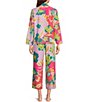 Color:Pink Multi - Image 2 - Satin Multi Floral Print Long Sleeve Notch Collar Sleep Shirt & Matching Pant Pajama Set