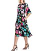 Color:Black Multi - Image 1 - Silk Georgette Floral Print Elbow Sleeve Belted Button-Front Midi Shirt Dress