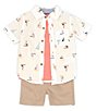 Color:Assorted - Image 1 - Baby Boys 12-24 Months Short Sleeve Printed Poplin Shirt, Short Sleeve Solid Knit T-Shirt & Solid Woven Shorts Set