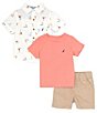 Color:Assorted - Image 2 - Baby Boys 12-24 Months Short Sleeve Printed Poplin Shirt, Short Sleeve Solid Knit T-Shirt & Solid Woven Shorts Set