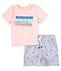 Color:Assorted - Image 2 - Baby Boys 12-24 Months Short Sleeve Repeating Logo Jersey T-Shirt & Striped/Icon Logo Woven Shorts Set