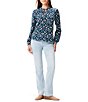 Color:Blue Multi - Image 3 - French Terry Geo Waves Print Band Collar Long Sleeve Top