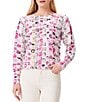 Color:Pink Multi - Image 1 - Geo Mosaic Knit Round Neck Long Sleeve Pleat Detail Sweater