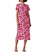 Color:Pink Multi - Image 1 - Knit Blurred Floral Print Round Neck Short Sleeves Elastic Waist Side Slit Midi Dress