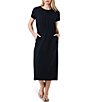 Color:Black Onyx - Image 1 - Knit Crew Neck Short Sleeve Elastic Waist Midi Dress