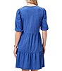 Color:Morning Glory - Image 2 - Knit V-Neck Elbow Sleeve A-Line Dress