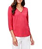 Color:Bright Rose - Image 1 - Perfect Knit V-Neck 3/4 Sleeve Tee Shirt