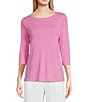 Color:Pink Lotus - Image 1 - Solid Print Boat Neck 3/4 Sleeve Tee Shirt