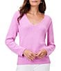 Color:Pink Lotus - Image 1 - Textured Cotton Cord Knit Soft V-Neck Long Sleeve Sweater