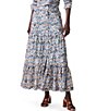 Color:Blue Multi - Image 1 - Up Beat Woven Ikat Print High Rise Button Front Tiered A-Line Midi Skirt
