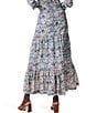Color:Blue Multi - Image 2 - Up Beat Woven Ikat Print High Rise Button Front Tiered A-Line Midi Skirt