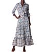Color:Blue Multi - Image 3 - Up Beat Woven Ikat Print High Rise Button Front Tiered A-Line Midi Skirt