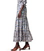 Color:Blue Multi - Image 4 - Up Beat Woven Ikat Print High Rise Button Front Tiered A-Line Midi Skirt